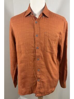 32 Bar Blues Linen Blend Shirt Mens Size L Burnt Orange Button Boho Luxury